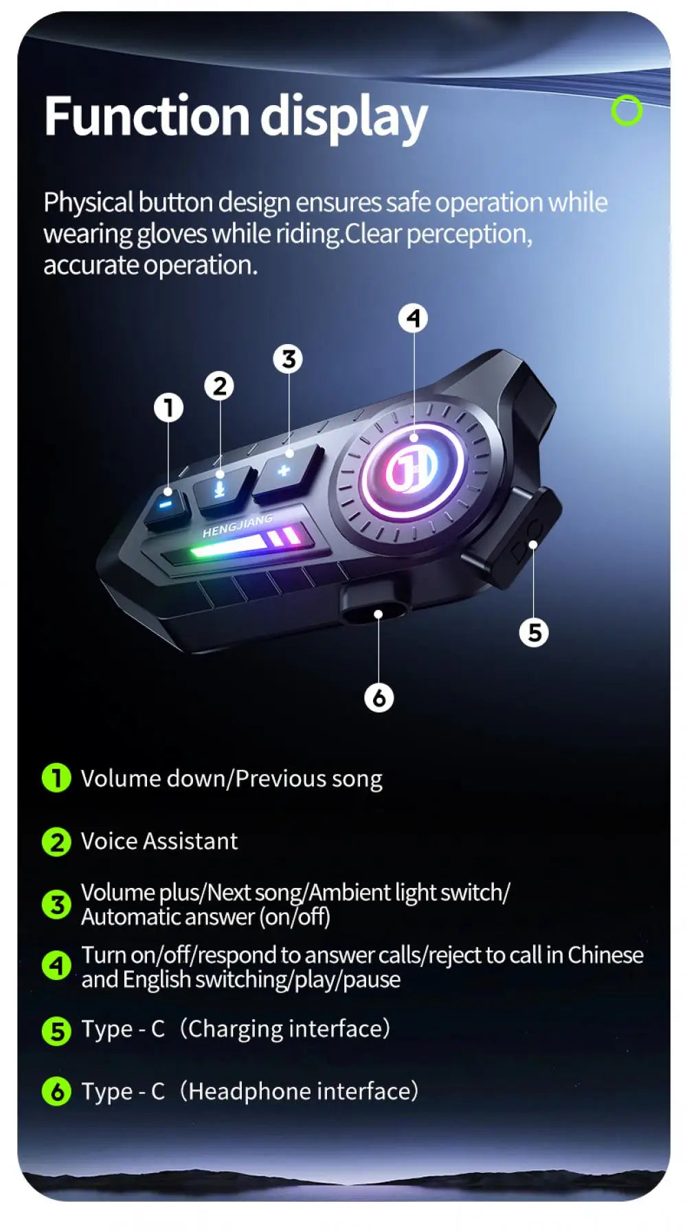 Motorcycle Bluetooth 6.0 Helmet Headset – Wireless Hands-Free Audio with Ambient RGB Light