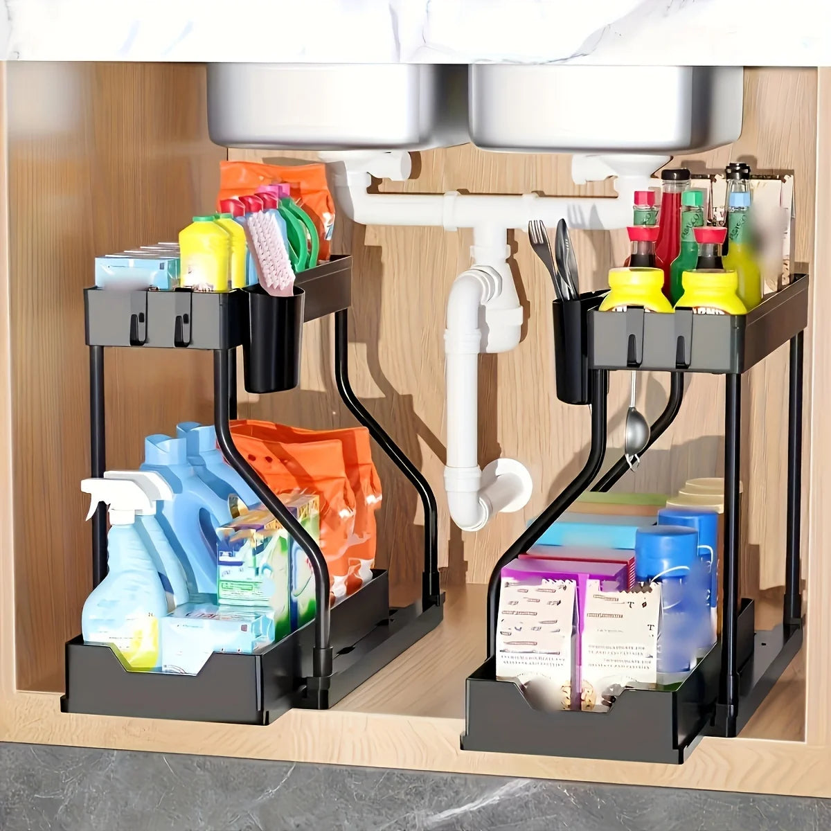 Under Sink Organizer – 2-Tier Pull-Out Storage Rack for Kitchen & Bathroom
